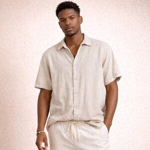 Common People Linen Blend Textured Polka Dot Button Up Shirt Size L Resort Wear